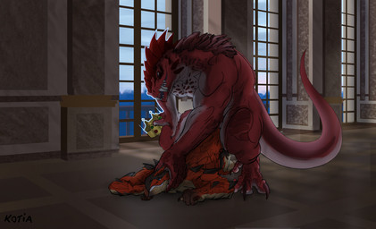 anal anal_penetration anthro balls claws corruption countershading crown detailed_background duo genitals headgear male male/male male_penetrated male_penetrating male_penetrating_male muscular neo-classical_architecture nude pecs penetration red_body red_scales royalty scales sex tail kotia capcom european_mythology monster_hunter mythology zartersus dragon flying_wyvern lizard mythological_creature mythological_scalie rath_wyvern rathalos reptile scalie western_dragon wyvern