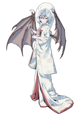 asian_clothing blue_hair claws clothing east_asian_clothing female floral_print flower hair holding_flower holding_object japanese_clothing kimono looking_at_viewer membrane_(anatomy) membranous_wings plant pupils red_eyes simple_background slit_pupils smile solo standing wedding_veil white_background white_clothing white_kimono wing_claws wings yopofen touhou remilia_scarlet humanoid vampire winged_humanoid absurd_res full-length_portrait hi_res portrait