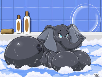 anthro bath bathtub big_breasts big_butt blue_eyes breasts bubble bubble_butt butt convenient_censorship female huge_breasts huge_butt love_handles shampoo shampoo_bottle short_tail smile solo tail water wide_hips wolfdan86 elephant elephantid mammal proboscidean 2022 4:3 hi_res signature
