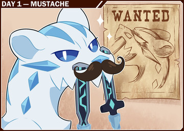 ambiguous_gender angry blue_eyes fake_mustache feral looking_at_viewer markings solo sparkles sword_fangs text wanted_poster white_body andyocelot inktober_2025 nintendo pokemon chien-pao generation_9_pokemon legendary_pokemon pokemon_(species) 2025 english_text hi_res