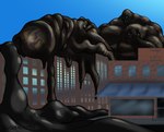 absorption_vore big_penis bodily_fluids building destruction destruction_of_property genital_fluids genitals glans huge_penis hyper hyper_genitalia hyper_penis macro male muscular oil pec_grab pecs penis slime sludge solo vore sludge_monster goo_creature humanoid monster tar_creature hi_res