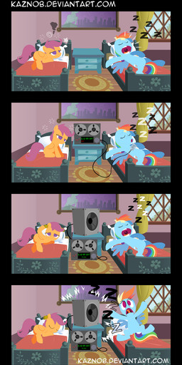 bed blue_body blue_feathers blue_fur cutie_mark duo earplugs electronics eyes_closed feathered_wings feathers female feral fur furniture hair inside jumping long_hair lying microphone multicolored_hair musical_instrument on_back on_side open_mouth orange_body orange_feathers orange_fur photo pillow purple_eyes purple_hair rainbow_hair recorder_(musical_instrument) sitting sleeping snoring speaker text tongue tongue_out wind_instrument wings woodwind_instrument young young_feral kaznob friendship_is_magic hasbro my_little_pony mythology rainbow_dash_(mlp) scootaloo_(mlp) equid equine mammal mythological_creature mythological_equine pegasus comic english_text hi_res url