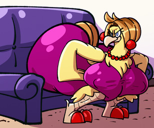 anthro beak big_breasts big_butt blue_eyes breasts brown_hair butt clothed clothing dress ear_piercing ear_ring female hair huge_breasts huge_butt hyper hyper_butt jewelry necklace nipple_outline non-mammal_breasts piercing ring_piercing shaking_butt smile solo tan_beak yellow_body sachasketchy karen_gold avian bird chicken galliform phasianid 2024 6:5 animated animated_gif digital_media_(artwork) loop short_playtime