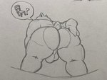 anthro backsack balls big_butt butt chair furniture genitals inviting male perineum presenting presenting_hindquarters question_mark small_ears small_tail solo speech_bubble tail pooncartoonist nintendo pokemon pokemyths_(legends_unveiled) blastoise generation_1_pokemon pokemon_(species) scalie 4:3 absurd_res hi_res monochrome traditional_media_(artwork)