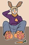 anthro blonde_hair clothed clothing confusion front_view fully_clothed hair male short_hair sitting solo transformation voliver hare lagomorph leporid mammal rabbit hi_res