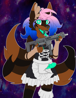 alternative_fashion anthro bodily_fluids breasts brown_body brown_fur claws clothing cosmic_background crosshair_eyes erection fur genital_fluids genitals goth gothic_lolita gradient_hair green_eyes green_penis gun gynomorph hair handgun holding_gun holding_object holding_ranged_weapon holding_weapon humanoid_genitalia humanoid_penis inner_ear_fluff intersex j-fashion lolita_(fashion) machine_gun maid_uniform multi_tail multicolored_hair penis penis_under_dress pistol precum purple_background ranged_weapon simple_background small_breasts smile solo space space_background tail tuft two_tone_hair uniform vein veiny_penis weapon conditional_dnp slates1n hati_(slates1n) canid canine canis mammal wolf absurd_res digital_media_(artwork) hi_res trans_(lore) trans_woman_(lore)