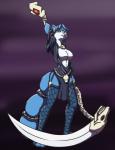 anthro blue_body blue_fur blue_hair breasts female fur hair heterochromia melee_weapon polearm scythe solo weapon white_body white_fur ajvulpes nintendo star_fox krystal_(star_fox) canid canine fox mammal hi_res