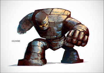 ambiguous_gender black_border border brown_body fingers fist glowing glowing_eyes gradient_background rock shadow simple_background solo text white_background ksuwabe dragon_quest square_enix elemental_creature golem_(dragon_quest) mineral_fauna rock_creature 2025 artist_name full-length_portrait portrait