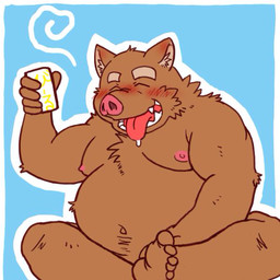 5_fingers 5_toes alcohol anthro belly beverage biped blue_background blush bodily_fluids border brown_body brown_fur cheek_tuft chest_tuft drooling drunk eyebrows eyes_closed facial_tuft fangs feet fingers food fur happy holding_object humanoid_feet humanoid_hands inner_ear_fluff male muscular muscular_anthro muscular_male navel neck_tuft nipples nude open_mouth outline overweight overweight_anthro overweight_male pink_nipples pink_nose plantigrade raised_arm saliva simple_background sitting snout solo substance_intoxication teeth text thick_eyebrows toes tongue tongue_out tuft white_border hachisan5656 mammal suid suine sus_(pig) wild_boar 1:1 2015 compression_artifacts hi_res japanese_text