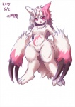 anthro breasts claws facial_markings featureless_breasts female fur hair head_markings long_hair markings messy_hair navel nude open_mouth plantigrade pokemorph red_eyes semi-anthro simple_background solo standing white_background ni_jikan nintendo pokemon generation_3_pokemon herpestid mammal pokemon_(species) zangoose 2015