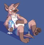 anthro barefoot beverage blue_background blue_boxer_briefs blue_clothing blue_underwear blush bodily_fluids boxer_briefs boxers_(clothing) brown_body brown_eyes brown_fur brown_nose brown_pawpads bulge clothing cum erection_in_underwear feet fluid_on_mouth fur genital_fluids half-closed_eyes hand_on_belly male narrowed_eyes open_mouth pawpads precum shadow shirt simple_background sitting solo spots stained_clothing stained_shirt sweat tank_top text tongue_showing topwear underwear white_clothing white_shirt white_tank_top white_topwear mushketeery mushy_(mushketeteery) hyena mammal spotted_hyena absurd_res english_text hi_res