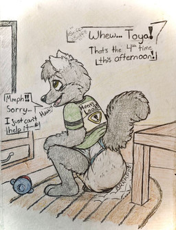 anthro big_diaper bodily_noises crouching diaper feces huge_diaper male pooping pull-ups_(diaper) soiled_diaper soiling solo text unclean_diaper used_diaper jackgrowling toya_pup canid canine canis mammal wolf english_text hi_res traditional_media_(artwork)