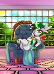 chair clothed clothing crossdressing dress femboy feral furniture male solo caliluminos nintendo pokemon generation_4_pokemon legendary_pokemon pokemon_(species) shaymin sky_forme_shaymin rin_(disambiguation) absurd_res hi_res