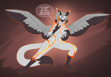 abdominal_bulge ambiguous_gender ambiguous_prey anthro anthro_pred breasts brown_background brown_body brown_feathers brown_fur brown_hair dipstick_tail duo ear_tuft extreme_size_difference feathered_wings feathers featureless_breasts featureless_crotch female female_pred fur gloves_(marking) glowing glowing_body grey_body grey_feathers grey_fur grey_hair hair horn leg_markings macro_anthro macro_female macro_pred markings medium_breasts micro_ambiguous micro_prey navel nude nude_anthro nude_female oral_vore orange_eyes orange_outline outline pose protective simple_background size_difference smile snaggle_tooth socks_(marking) speech_bubble spread_wings tail tail_markings text tuft unseen_prey vore wings rainypaws unknown_species artist_name english_text hi_res male_(lore)