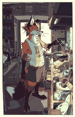 5_fingers anthro bottomwear brown_body brown_fur clothed clothing container cooking cooking_pot cookware countershade_face countershade_fur countershade_torso countershading cup detailed_background duo fingers fluffy fluffy_tail food frying_pan fur furniture grey_body grey_bottomwear grey_clothing grey_fur grey_shorts inside kitchen_utensils male messy mug multicolored_body orange_body orange_fur plate print_clothing print_topwear shirt shorts slim slim_anthro slim_male standing tail tank_top tools topwear white_body white_countershading white_fur serpent_x canid canine fox mammal digital_media_(artwork) hi_res