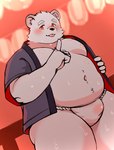 anthro asian_clothing belly bite_mark blush bodily_fluids bulge clothing east_asian_clothing festival fundoshi happi_(clothing) japanese_clothing kemono male moobs navel nipples overweight overweight_male solo sweat tongue tongue_out underwear white_clothing white_fundoshi white_underwear shimo_kawa vtuber bear mammal polar_bear ursine 2025 absurd_res hi_res