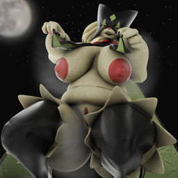 anthro anus_peek areola big_breasts breast_curtains breasts cape clothed clothing clothing_lift crouching female fur genitals green_body green_fur looking_at_viewer mask moon night nipples outside overweight overweight_anthro overweight_female red_areola red_nipples red_vulva simple_background smile solo star steam thick_thighs vulva shimshimakaze yovi_thing_(modeler) nintendo pokemon felid feline generation_9_pokemon mammal meowscarada pokemon_(species) 1:1 3d_(artwork) digital_media_(artwork) hi_res