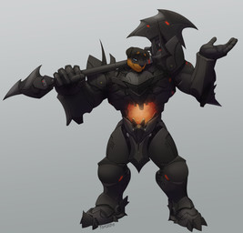 anthro armor axe battle_axe black_nose blue_eyes bracers cosplay fantasy_axe fantasy_weapon greaves half-closed_eyes looking_at_viewer male melee_weapon narrowed_eyes pauldron plate_mail pose smug solo weapon weapon_on_shoulder tokaido blizzard_entertainment overwatch reinhardt_(overwatch) sarnok canid canine canis domestic_dog mammal mastiff molosser rottweiler absurd_res hi_res shaded signature