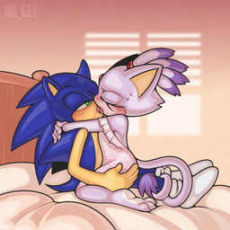 anthro bed bedroom blue_body blush bodily_fluids duo eyes_closed female female_on_top french_kissing furniture green_eyes hug hugging_another kissing making_out male male/female on_bed on_top purple_body romantic romantic_couple romatic sweat sweatdrop tail tail_wrapped tongue iris_s.e.e sega sonic_the_hedgehog_(series) blaze_the_cat sonic_the_hedgehog eulipotyphlan felid feline hedgehog mammal 1:1 hi_res
