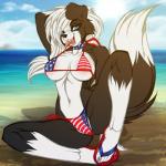 anthro beach bikini black_body black_fur blue_eyes clothing detailed_background dipstick_tail feet female footwear fur hair looking_at_viewer markings open_mouth outside sand sandals seaside shoes sky solo swimwear tail tail_markings toes tongue tongue_out two-piece_swimsuit water white_body white_fur crystal-for-ever duffi_collie canid canine canis domestic_dog mammal 1:1 hi_res