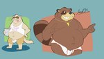 anthro belly bottomwear bulge clothing duo male moobs overweight overweight_male shirt shorts simple_background text text_on_clothing text_on_shirt text_on_topwear tongue tongue_out topwear underwear jacobspencer04 canid canine domestic_ferret mammal mustelid musteline raccoon_dog tanuki true_musteline weasel 2025 hi_res