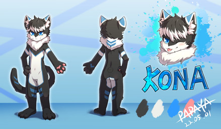 anthro black_body black_fur black_hair blep blue_body blue_eyes blue_fur butt cheek_tuft chibi color_swatch facial_tuft featureless_crotch front_view fur glistening glistening_eyes hair male narrowed_eyes nude one_eye_closed pawpads pink_pawpads rear_view simple_background solo standing tongue tongue_out tuft white_body white_fur white_hair papayafurry felid mammal 2022 dated hi_res model_sheet signature