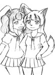 anthro bottomwear clothing duo female happy necktie one_eye_closed school_uniform shirt simple_background skirt sleeveless_shirt tail topwear uniform white_background wink kagawa_kaeru love_live! love_live!_sunshine!! ruby_kurosawa yoshiko_tsushima canid canine lagomorph leporid mammal rabbit line_art