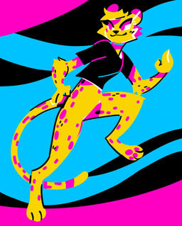 abstract_background anthro bangs black_clothing black_nose black_shirt black_topwear bottomless cat_smile cheek_tuft closed_smile clothed clothing facial_tuft fur hair long_tail looking_offscreen magenta_eyes male markings mouth_closed pawpads pink_eyes shirt shirt_only short_hair smile solo spots spotted_body spotted_fur tail topwear topwear_only tuft tufted_fur yellow_body yellow_fur loppifi cartoon_network_palette_challenge wren_(loppifi) cheetah felid feline mammal 2022 absurd_res hi_res