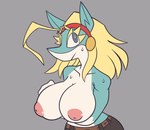 accessory anthro areola arm_under_breasts big_breasts blonde_hair blue_body blue_eyes blue_fur blush blush_lines bodily_fluids bottomwear breasts brown_bottomwear brown_clothing clothed clothing eyelashes female front_view fur gloves_(marking) grey_background hair hair_accessory hairband huge_breasts long_hair markings nipples pink_areola pink_nipples simple_background solo sweat sweatdrop topless white_body white_fur monamania my_hero_academia ippan_josei canid canine fox mammal quirked_human_(my_hero_academia) 2024 hi_res