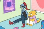 anthro bed blue_body blue_skin breasts buckteeth clothed clothing duo eye_patch eyewear female furniture glasses hair non-mammal_breasts poster red_hair scales sharp_teeth sitting smile tail teeth yellow_body yellow_scales tredlocity undertale undertale_(series) alphys undyne dinosaur fish marine prehistoric_species reptile scalie 2015