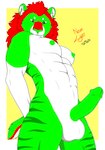 abs anthro balls belly big_balls big_penis breasts circle_eyebrows erection eyebrows facial_tuft fangs felid fur genitals green_body green_eyes green_markings green_nipples green_penis green_stripes gynomorph hands_behind_back hi_res hybrid inner_ear_fluff intersex lion looking_at_viewer looking_down mammal mane markings muscular muscular_anthro muscular_gynomorph muscular_intersex neon_lion nipples outline pantherine penis pose red_mane ryliee_altinay_(neon_lion) saber-toothed_tiger sabertooth_(anatomy) shaded short_tail simple_background simple_shading small_breasts solo standing striped_body striped_fur striped_markings stripes tail teeth tuft white_balls white_belly white_markings white_muzzle white_outline