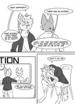 ambiguous_gender anthro black_and_white canid canine chair clock clothed clothing comic ear_piercing english_text fox furniture group inner_ear_fluff kif_yppreah kifyun2 male mammal monochrome piercing simple_background speech_bubble text trio tuft
