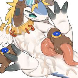 anal_prodding animal_genitalia anthro anus aviator_cap aviator_goggles biped black_claws blonde_hair blue_body bodily_fluids claws clothing collar cum cum_on_belly cum_on_body cum_on_chest cum_on_leg cum_on_own_belly cum_on_own_chest cum_on_own_leg cum_on_self digitigrade feathered_wings feathers front_view genital_fluids genital_slit genitals glistening glistening_body glistening_genitalia glistening_penis gloves green_eyes guided_penetration hair handwear imminent_autopenetration leather leather_clothing leather_gloves leather_handwear looking_at_genitalia looking_at_penis lying lying_on_ground male male_anthro masturbation metal_collar monotone_hair mostly_nude mostly_nude_anthro mostly_nude_male multicolored_body on_back on_ground penetration penis prodding solo tapering_penis toe_claws two_tone_body vein veiny_penis white_body white_wings wings xvx_magenta legendz mythology shiron dragon mythological_creature mythological_scalie scalie 1:1 2026 absurd_res digital_drawing_(artwork) digital_media_(artwork) hi_res shaded soft_shading