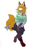 anthro blonde_hair blue_eyes boots bottomwear clothing female footwear gloves gun hair hair_over_eye handgun handwear jacket necktie one_eye_obstructed pistol ranged_weapon shoes simple_background skirt solo tail topwear weapon white_background ymsrplan yaco_kitagawa canid canine canis fox mammal red_fox true_fox 2023 digital_media_(artwork) hi_res