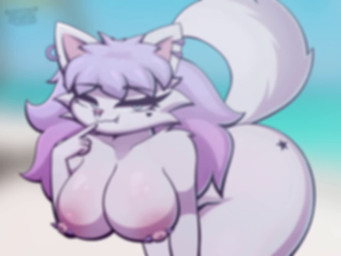 anthro big_breasts blue_eyes bouncing_breasts breasts butt female fur hair looking_at_viewer markings multicolored_hair nipple_piercing nipples nude piercing pink_hair purple_hair seductive smile solo tail two_tone_hair white_body wide_hips chaclaveloz britney_(chaclaveloz) domestic_cat felid feline felis mammal 4:3 animated high_framerate no_sound short_playtime video