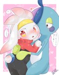 ambiguous_gender anthro blue_body blush clothed clothed/nude clothing duo ear_blush fur heart_symbol hug nude open_mouth tail_blush text white_body white_fur young hat_bifubifu nintendo pokemon drizzile generation_8_pokemon pokemon_(species) raboot hi_res japanese_text