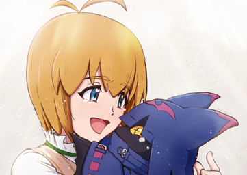 anthro black_body black_fur blonde_hair blue_eyes bodily_fluids cloak clothing cowl crying duo fur hair hug male smile tears wings mmsnowf2 bandai_namco digimon digimon_beatbreak makoto_kuonji chiropmon digimon_(species) human mammal absurd_res hi_res