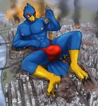 anthro blue_body blue_fur bulge city clothing destruction detailed_background detailed_bulge fire fur genital_outline landscape_dwarfing lying macro male muscular muscular_anthro muscular_male penis_outline solo speedo swimwear gasmaskfox nintendo star_fox falco_lombardi avian bird 2020 absurd_res hi_res