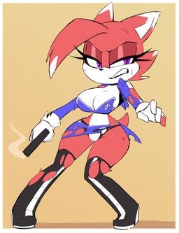 action_pose anthro big_breasts black_boots black_clothing black_footwear black_panties black_underwear bodily_fluids boots border bottomwear breasts cleavage clenched_teeth clothed clothing countershading dipstick_ears ear_markings eyelashes female footwear fur genitals gloves gun handgun handwear holding_gun holding_handgun holding_object holding_pistol holding_ranged_weapon holding_weapon legwear markings midriff multicolored_ears navel panties pistol pose pupils purple_bottomwear purple_clothing purple_eyes purple_shirt purple_skirt purple_topwear ranged_weapon red_body red_fur scuff_marks shirt shoes simple_background skirt slit_pupils small_waist smoking_gun solo sweat teeth textured_background thigh_boots thigh_highs topwear torn_boots torn_bottomwear torn_clothing torn_gloves torn_handwear torn_panties torn_shirt torn_skirt torn_thigh_highs torn_topwear torn_underwear triangle_nose underwear vulva wardrobe_malfunction weapon white_body white_border white_clothing white_countershading white_fur white_gloves white_handwear wide_hips wide_stance yellow_background nelljoestar sega sonic_the_hedgehog_(series) fan_character felid mammal 2026 full-length_portrait hi_res portrait