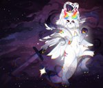 ambiguous_gender anthro black_sclera crown ears_up ether ethereal ethereal_sword ethereal_tail feathered_wings feathers fluffy flying fur hair headgear horn looking_at_viewer magic male melee_weapon multi_eye multi_wing paws pivoted_ears proud rainbow right-handed shiny_star sky smile smiling_at_viewer smug_face solo space sparklefur star star_tail striped_body striped_fur stripes sword tail triangle_(shape) tuft weapon white_body white_eyes white_hair white_wings wings eroskyi mythology lucero_(yamikadesu) angel angel_dragon domestic_cat dragon felid feline felis hybrid mammal mythological_creature mythological_scalie ophan scalie absurd_res colorful_theme hi_res