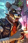 anthro cyberpunk fangs kerchief male night solo teeth tongue tongue_out redsummer procyon_(redsummer) mammal procyonid raccoon absurd_res hi_res