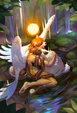 ambiguous_gender anthro duo eyes_closed feral fur halo hug hugging_another leaf male multicolored_body multicolored_fur nature partially_submerged paws plant rock sun tail water waterfall wings wool_(fur) knyaz_kolosok sam_hansen angel bovid canid canine canis caprine domestic_dog mammal molosser pastoral_dog sheep absurd_res hi_res
