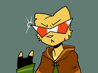 anthro brown_clothing cheek_tuft clothing countershade_torso countershading ear_scar eyewear facial_tuft female female_anthro fur furrowed_eyebrows gesture glasses gloves green_clothing grey_background hand_gesture handwear kamina_shades pink_nose robe scar simple_background solo tuft yellow_body yellow_fur iluhuy2015 microsoft prequel_adventure the_elder_scrolls katia_managan felid khajiit mammal 2026 digital_drawing_(artwork) digital_media_(artwork)