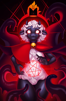 anthro bell bell_collar black_body blood blood_from_eye bloody_tears bodily_fluids breasts cape clothing collar female fur glowing glowing_eyes horn magic magic_circle medium_breasts mind_control mostly_nude red_cape red_clothing solo summoning_circle tears tentacles white_body white_fur wool_(fur) ritsuxz cult_of_the_lamb massive_monster_(studio) lamb_(cult_of_the_lamb) bovid caprine mammal sheep hi_res portrait three-quarter_portrait
