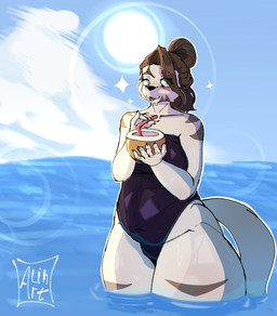 5_fingers anthro belly belly_overhang beverage big_belly biped black_clothing black_swimwear blue_eyes breasts brown_hair brown_markings cheek_tuft clothing cloud coconut coconut_drink drupe_(fruit) facial_tuft female female_anthro fingers food front_view fruit hair holding_beverage holding_object huge_thighs humanoid_hands looking_at_viewer markings mature_anthro mature_female navel_outline one-piece_swimsuit outside overweight overweight_anthro overweight_female partially_submerged plant pupils sky slit_pupils snout solo sparkles standing sun swimwear tail text thick_thighs tuft water white_body wide_hips alihsart kemma_(alihsart) domestic_cat felid feline felis mammal artist_name digital_drawing_(artwork) digital_media_(artwork) hi_res signature