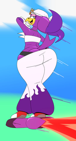 anthro bandeau beak big_butt blue_eyes blush blush_lines bottomwear butt butt_cleavage butt_focus butt_squish clothed clothing eyelashes eyewear eyewear_on_head female footwear gloves handwear headgear headkerchief headwear hoverboard kerchief lidded_eyes looking_at_viewer looking_back looking_back_at_viewer low_rise_pants motion_lines open_mouth open_smile pants pear-shaped_figure purple_body rear_view shoes simple_background smile solo squish sunglasses sunglasses_on_head tail thick_thighs thong thong_straps topwear underwear wearing_sunglasses wide_hips stupidgamer201 sega sonic_riders sonic_the_hedgehog_(series) wave_the_swallow avian bird hirundinid oscine passerine swallow_(bird) 2025 absurd_res digital_drawing_(artwork) digital_media_(artwork) hi_res