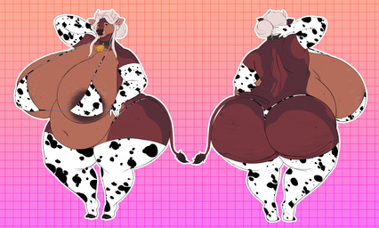 2_horns animal_print animal_print_bikini animal_print_thigh_highs anthro areola areola_slip bell bell_collar big_breasts big_butt bikini breasts brown_areola brown_body butt clothing collar cow_print cow_print_bikini cow_print_elbow_gloves cow_print_thigh_highs cowbell ear_piercing elderly_anthro elderly_female female female_anthro front_view gradient_background hand_behind_head horn huge_breasts huge_butt hyper legwear looking_at_viewer overweight overweight_anthro overweight_female pattern_bikini pattern_clothing pattern_legwear pattern_swimwear pattern_thigh_highs piercing rear_view simple_background smile solo standing swimwear thick_thighs thigh_highs two-piece_swimsuit wide_hips vintagart hazel_(noeticred) bovid bovine cattle mammal hi_res model_sheet