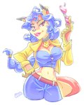 accessory anthro belt blue_hair bottomwear breasts clothed clothing collar curly_hair curvy_figure ear_piercing ear_ring eyewear female fingers fur glasses gloves hair hair_accessory hairband hand_on_hip handwear holding_object hourglass_figure jacket lips looking_at_viewer midriff navel orange_body orange_eyes orange_fur pants piercing red_lips ring_piercing simple_background smile solo tail text topwear zipper manoelpdb sly_cooper_(series) sony_corporation sony_interactive_entertainment sucker_punch_productions carmelita_fox canid canine fox mammal 2023 artist_name digital_drawing_(artwork) digital_media_(artwork) hi_res