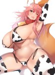 animal_print armpit_fetish armwear bell bell_collar belly big_breasts bikini breasts clothed clothing collar cow_print cowbell crouching elbow_gloves female gloves hair handwear hucow huge_breasts inner_ear_fluff legwear long_hair navel one_eye_closed pink_hair raised_arm solo swimwear thigh_highs tongue tongue_out tuft two-piece_swimsuit wink yellow_eyes kuronyan fate_(series) type-moon caster_tamamo-no-mae animal_humanoid canid canid_humanoid canine canine_humanoid fox_humanoid humanoid mammal mammal_humanoid hi_res