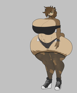 5_fingers anthro big_breasts bottomwear breasts brown_body brown_fur brown_hair clothing denim denim_bottomwear denim_clothing denim_shorts ear_piercing eyebrows facial_piercing female fingers footwear fur green_eyes grey_background hair hair_over_eye huge_breasts hyper lip_piercing looking_at_viewer piercing shoes shorts simple_background solo topwear thelazydreamer tenna_cale bear mammal 2026 absurd_res hi_res
